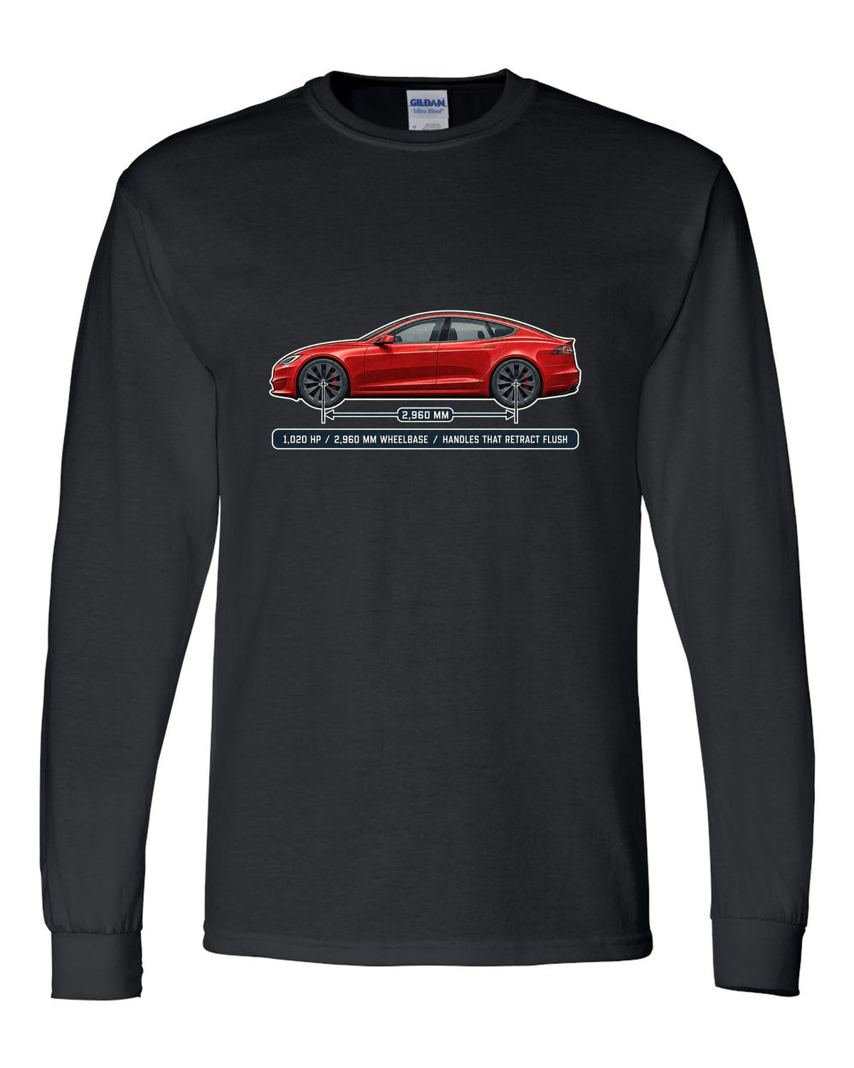 Tesla Model S Plaid Dimension Blueprint black long sleeve front view with the design