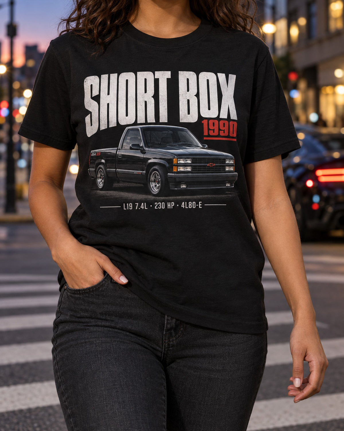 1990 Chevy 454 SS Short Box Editorial Tee, L19 Big-Block T-Shirt Black worn hero