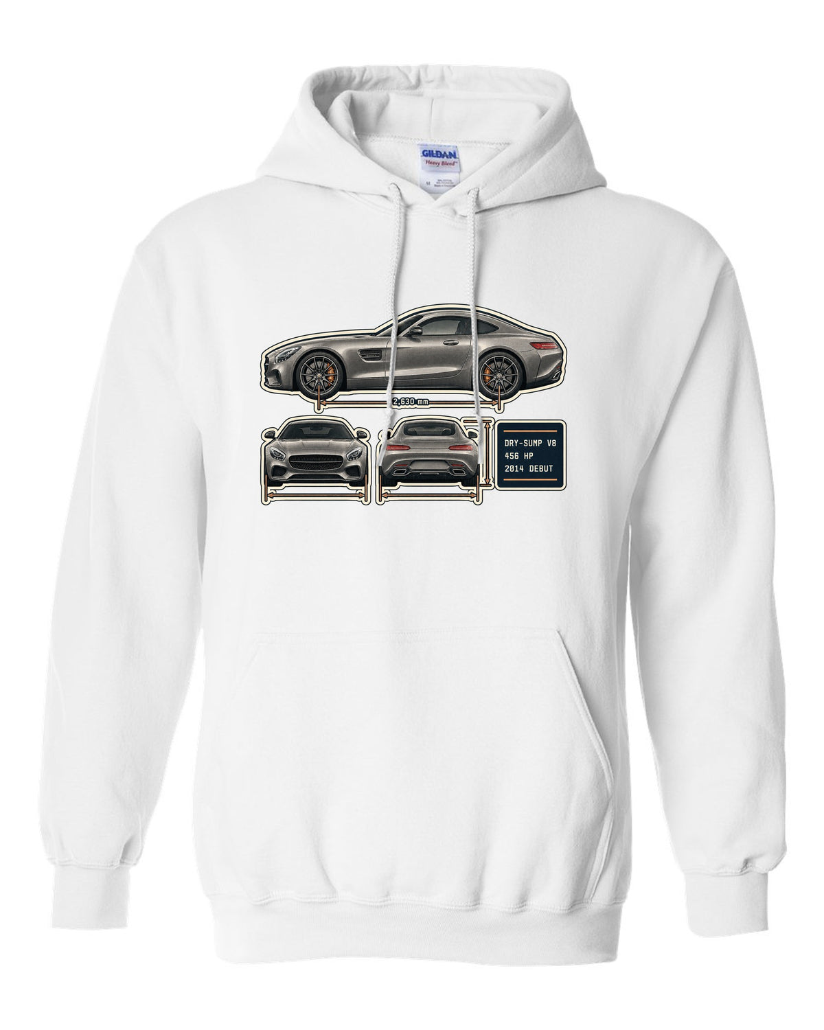 Mercedes-AMG GT C190 three-view and spec table print white pull over hoodie front view with the design