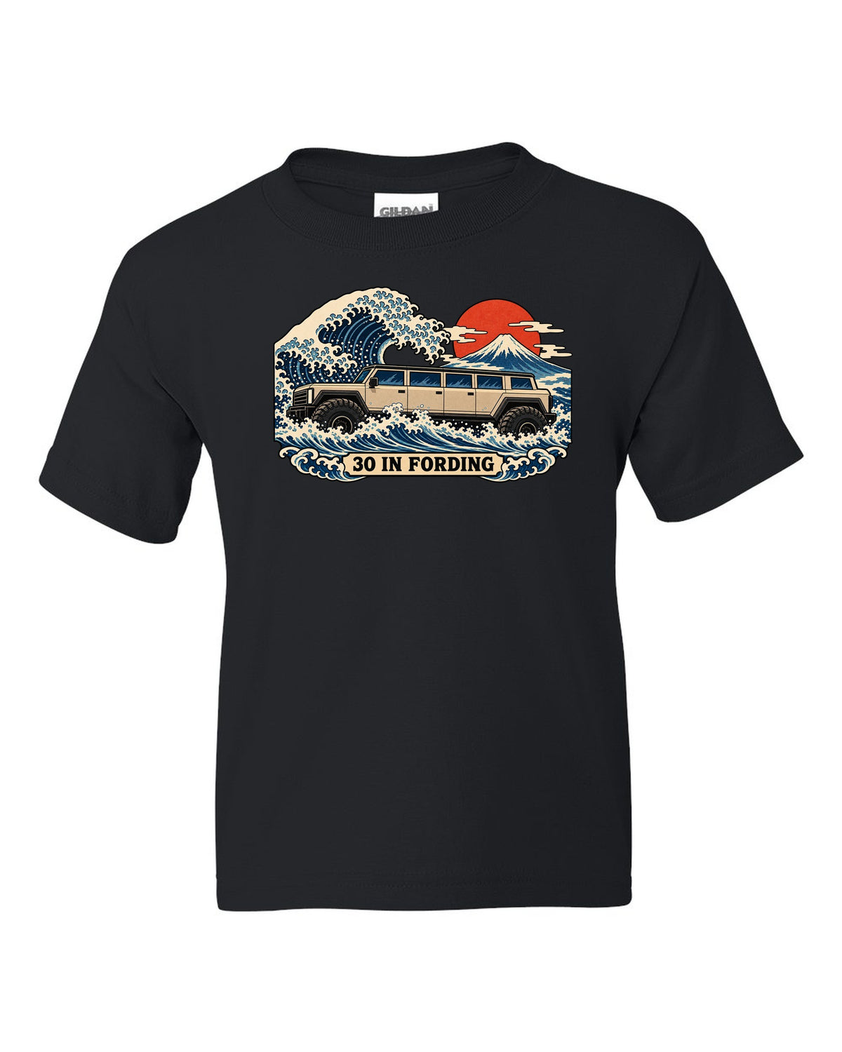 Ukiyo-e woodblock wave print with a 1992-2006 Hummer H1 and 30 IN FORDING text black kids tee front view with the design