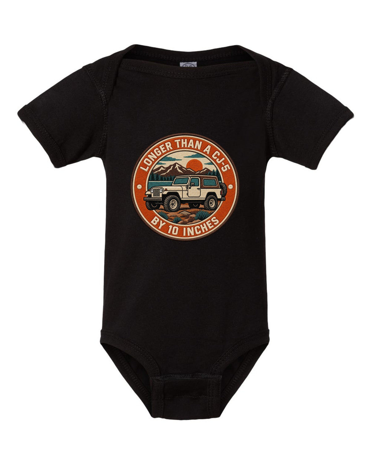 Embroidery-style varsity crest print of a Jeep CJ-7 with wheelbase text black baby onesie front view with the design