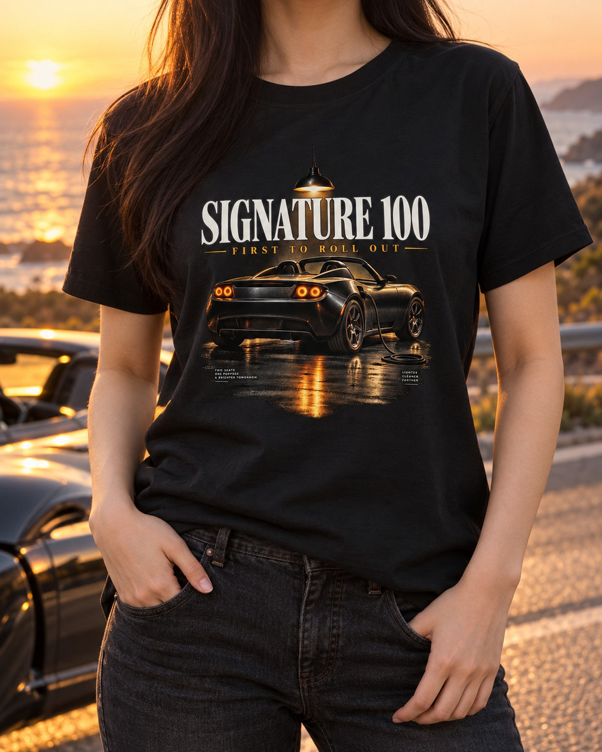 Roadster Signature 100 Garage Night Tee, Tesla Gen 1 2008 T-Shirt Black worn hero