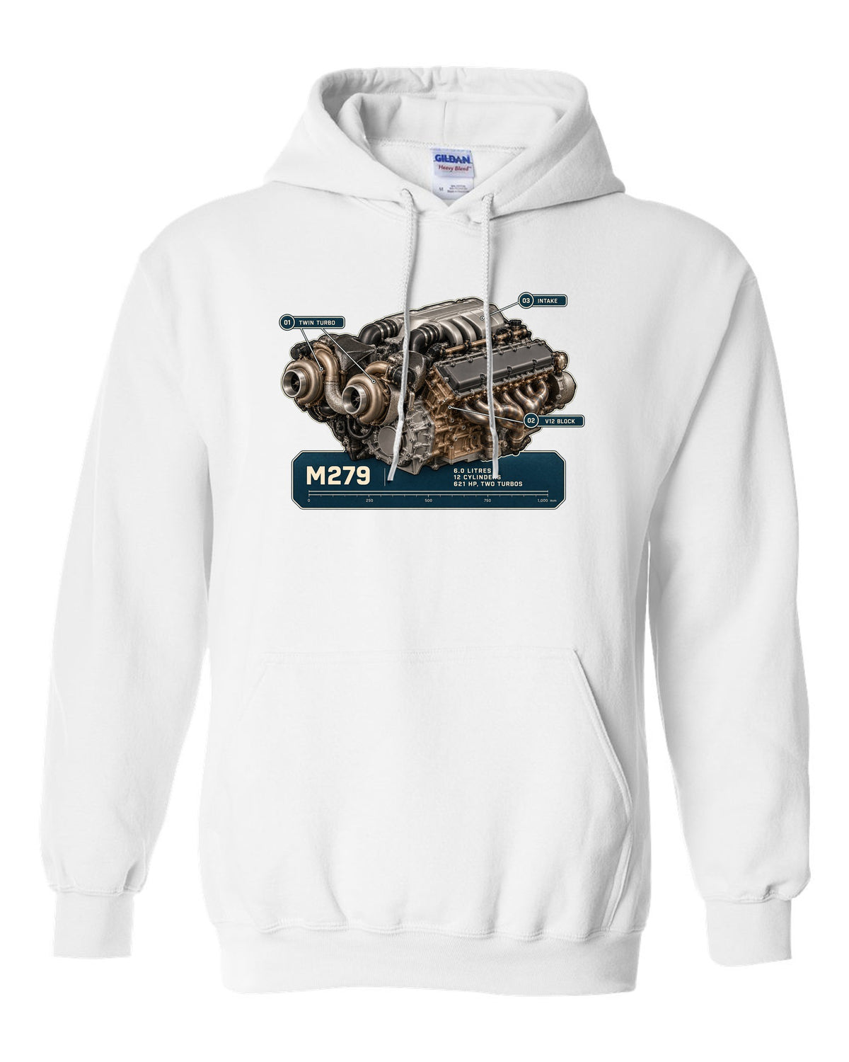 Mercedes-Maybach S680 M279 6.0 litre V12 biturbo engine hero print white pull over hoodie front view with the design