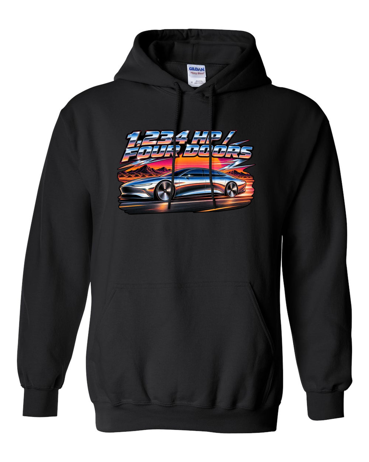 Lucid Air Sapphire 80s airbrush chrome poster print with the text 1,234 hp four doors black pull over hoodie front view with the design