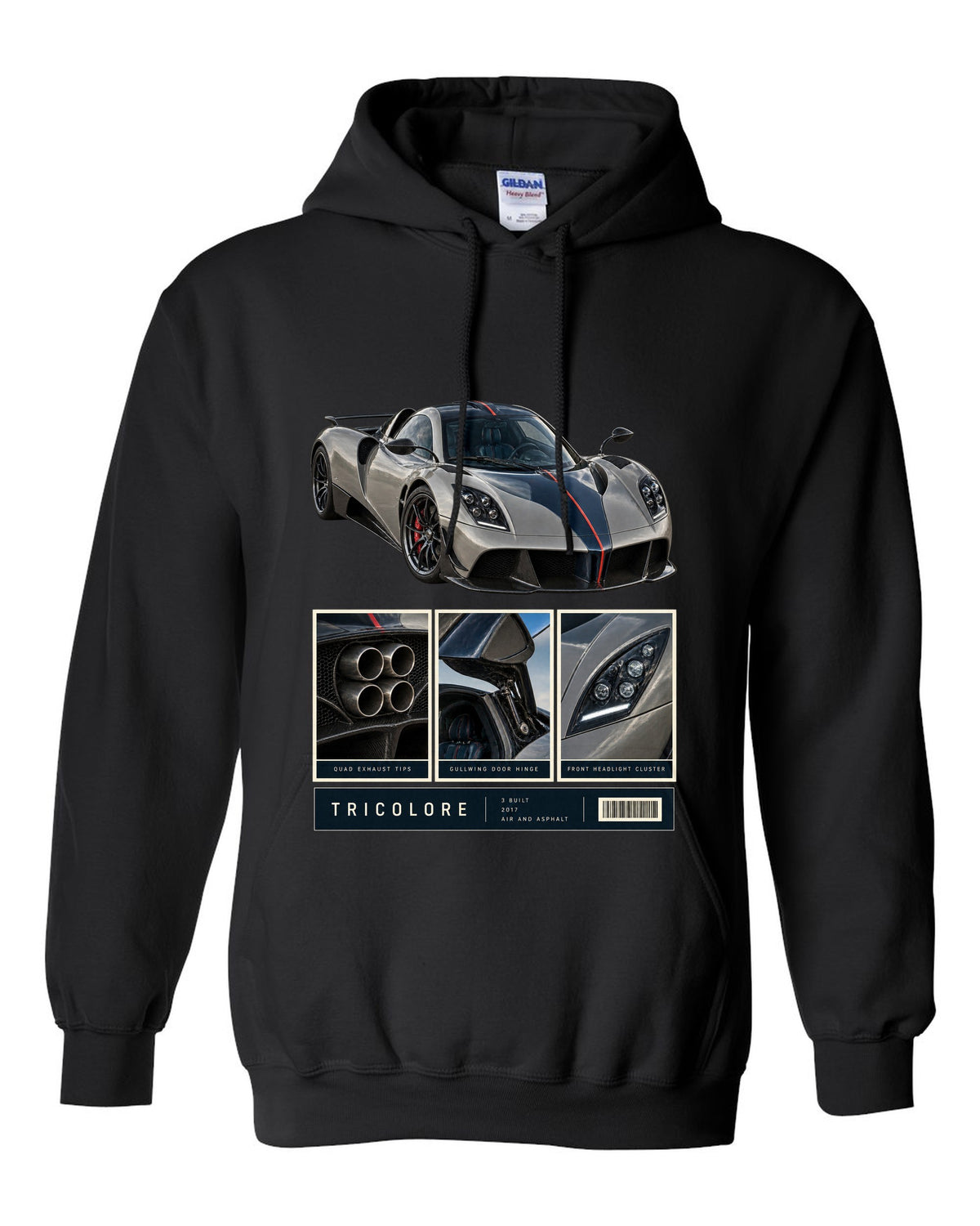 Dossier panel print of the Pagani Huayra Tricolore with the text Tricolore, 3 built, 2017, air and asphalt black pull over hoodie front view with the design