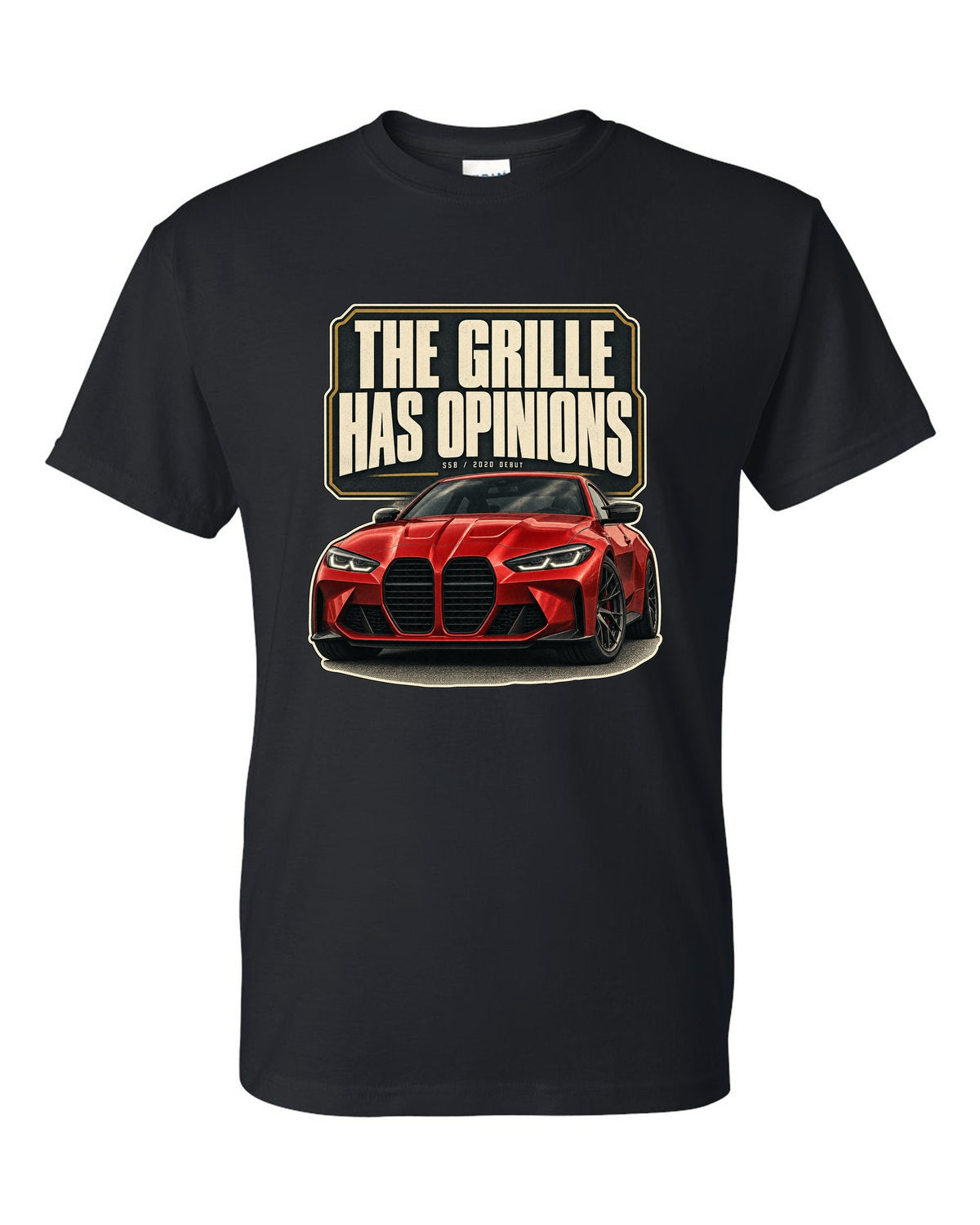 BMW M4 Competition G82 editorial headline print about the grille black t-shirt front view with the design