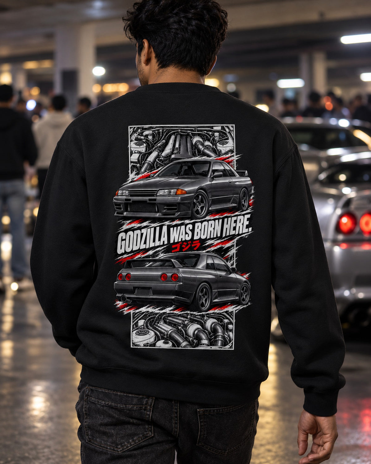 Nissan Skyline GT-R R32 Torn Poster Full-Back Graphic Tee Crewneck Black worn hero