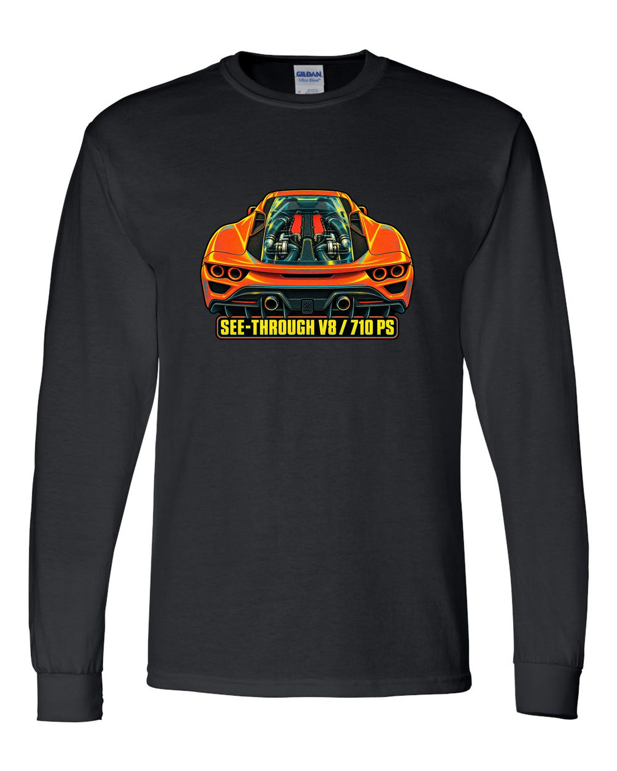 Risograph style print of the Ferrari F8 Tributo transparent engine cover and V8 black long sleeve front view with the design