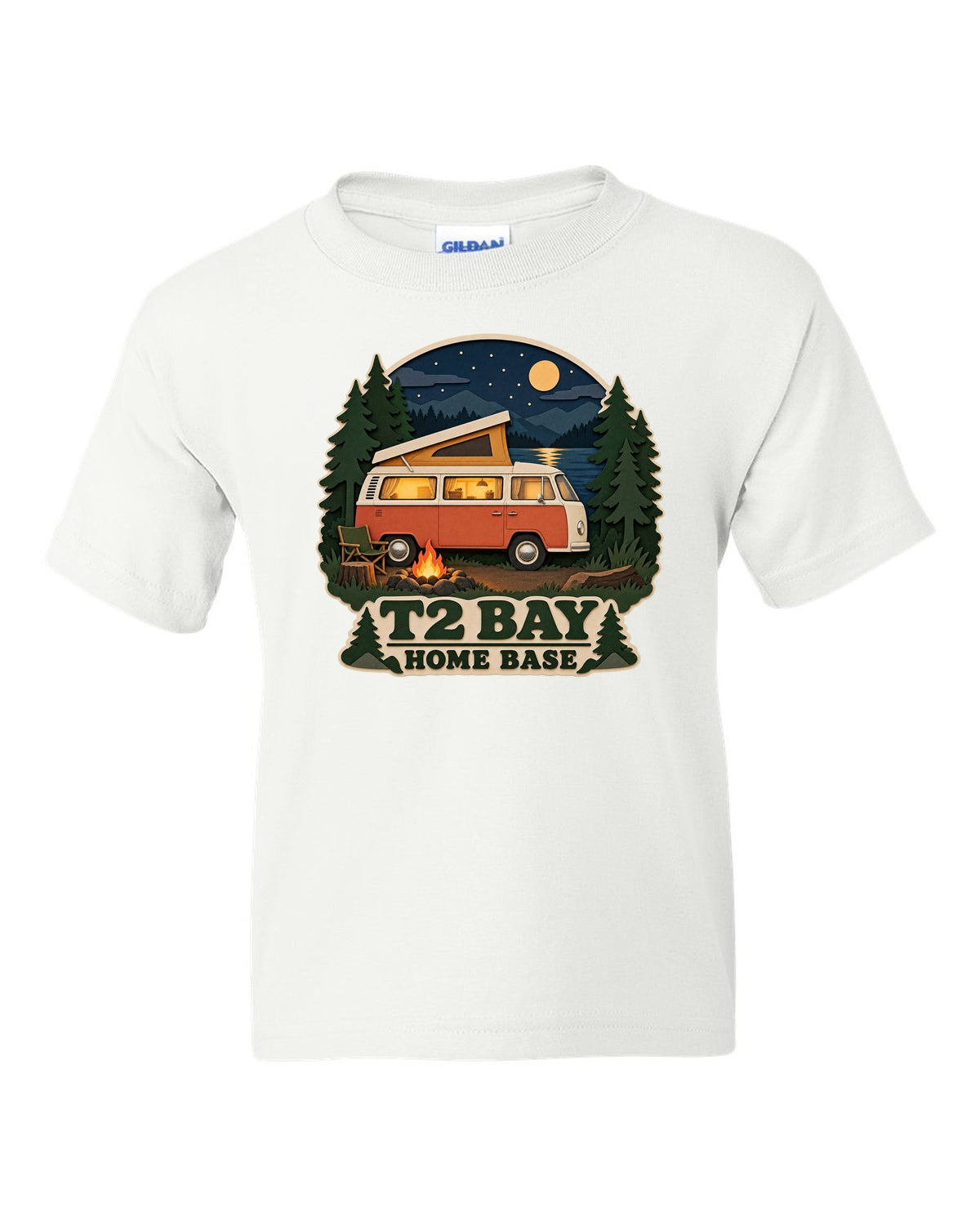 Layered paper-cutout shadow box print of a VW Bus T2 bay-window at a night camp white kids tee front view with the design