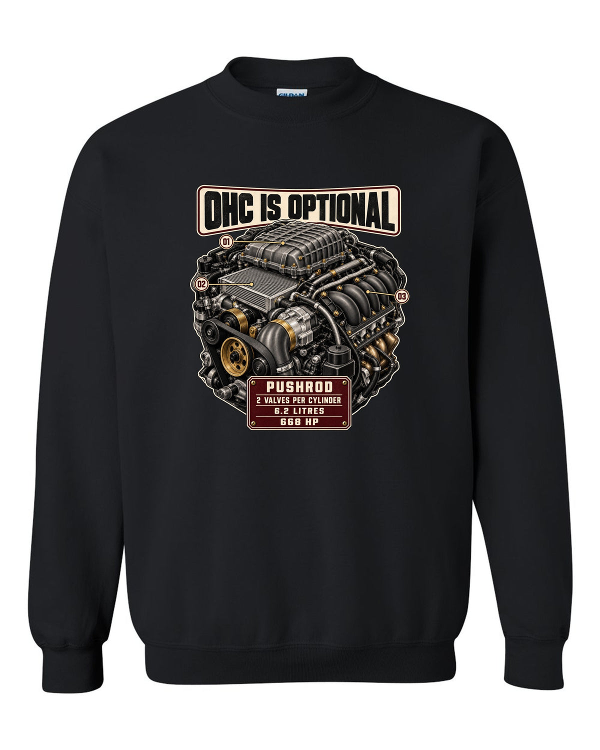 print of the Cadillac LT4 6.2L supercharged V8 engine from the CT5-V Blackwing black crewneck front view with the design