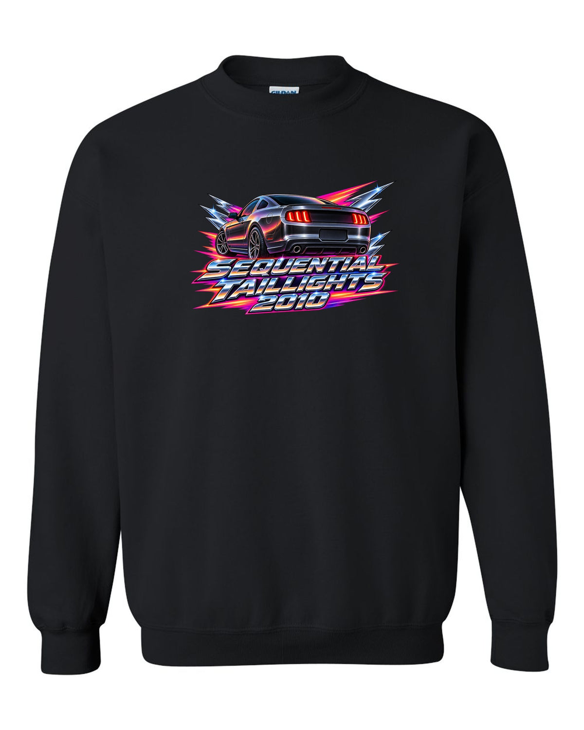 80s airbrush chrome 2005-2014 S197 Ford Mustang fastback with sequential taillights text black crewneck front view with the design