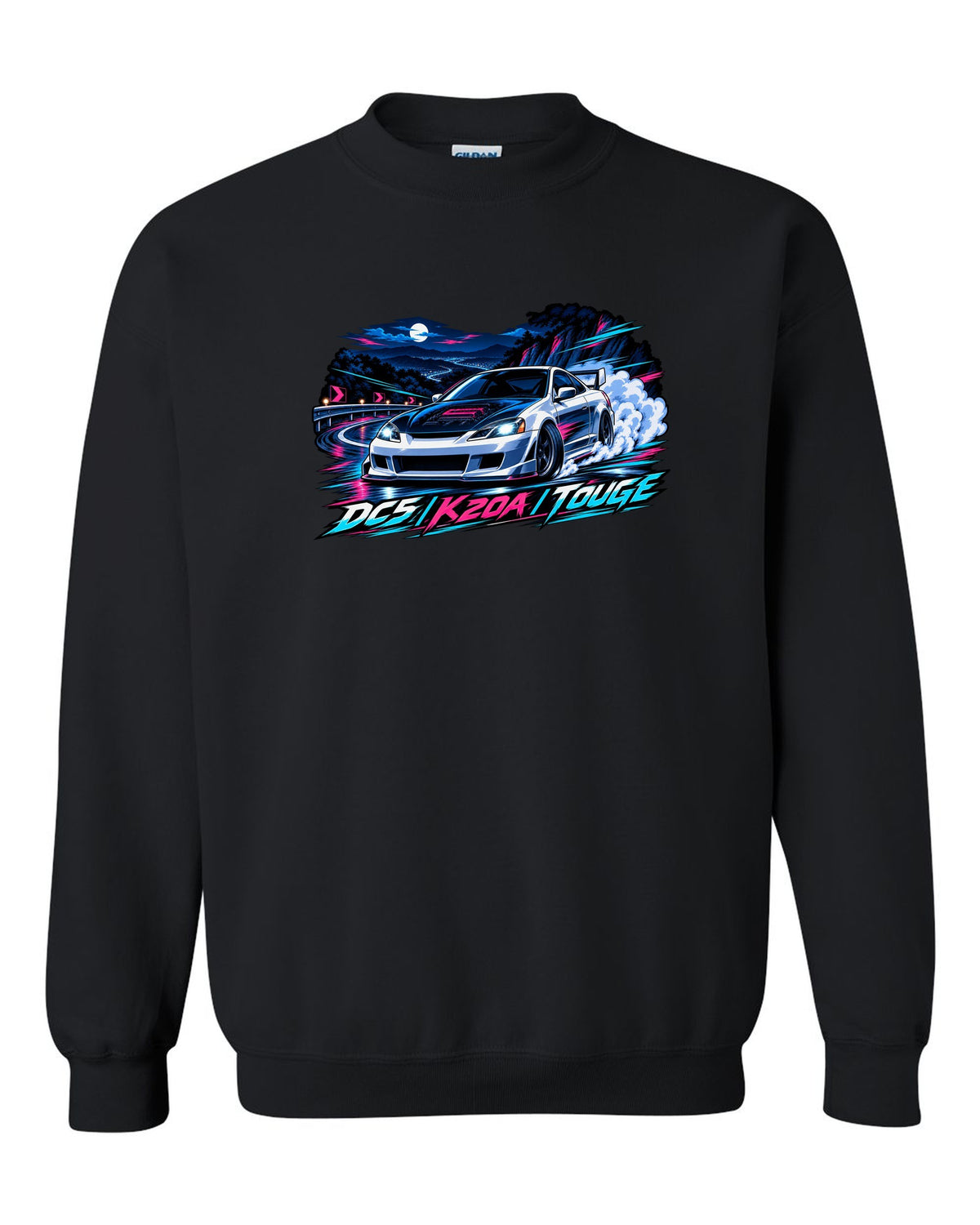 Crest layout print for the Honda Integra Type R DC5 with 6MT only text black crewneck front view with the design