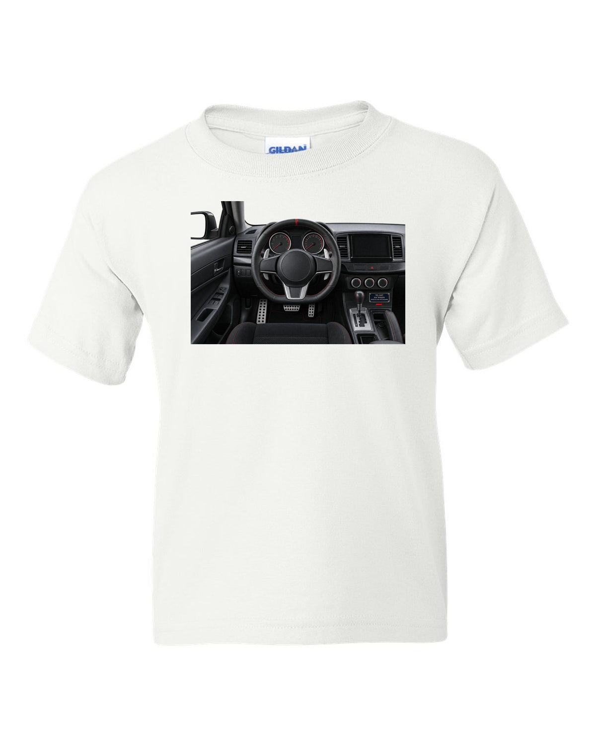 Mitsubishi Lancer Evolution X driver view cockpit and gauges print white kids tee front view with the design