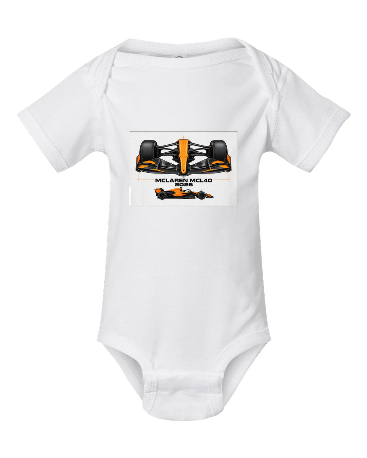 McLaren MCL40 2026 F1 car technical poster artwork white baby onesie front view with the design