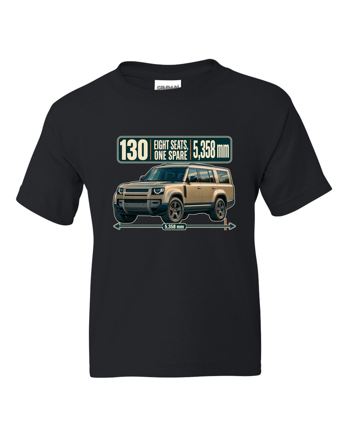 Editorial headline print for the Land Rover Defender 130 L663 with eight seats and length black kids tee front view with the design