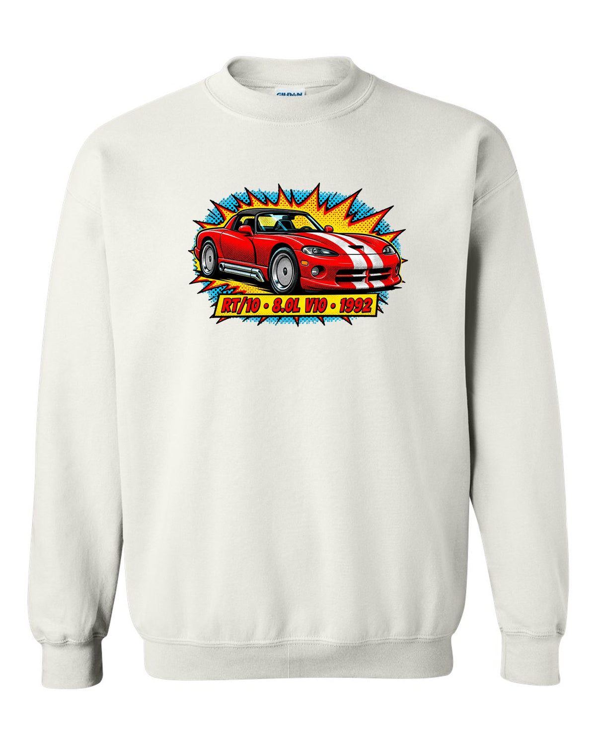 Comic halftone pop-art print of a 1992 Dodge Viper RT/10 with 8.0L V10 text white crewneck front view with the design