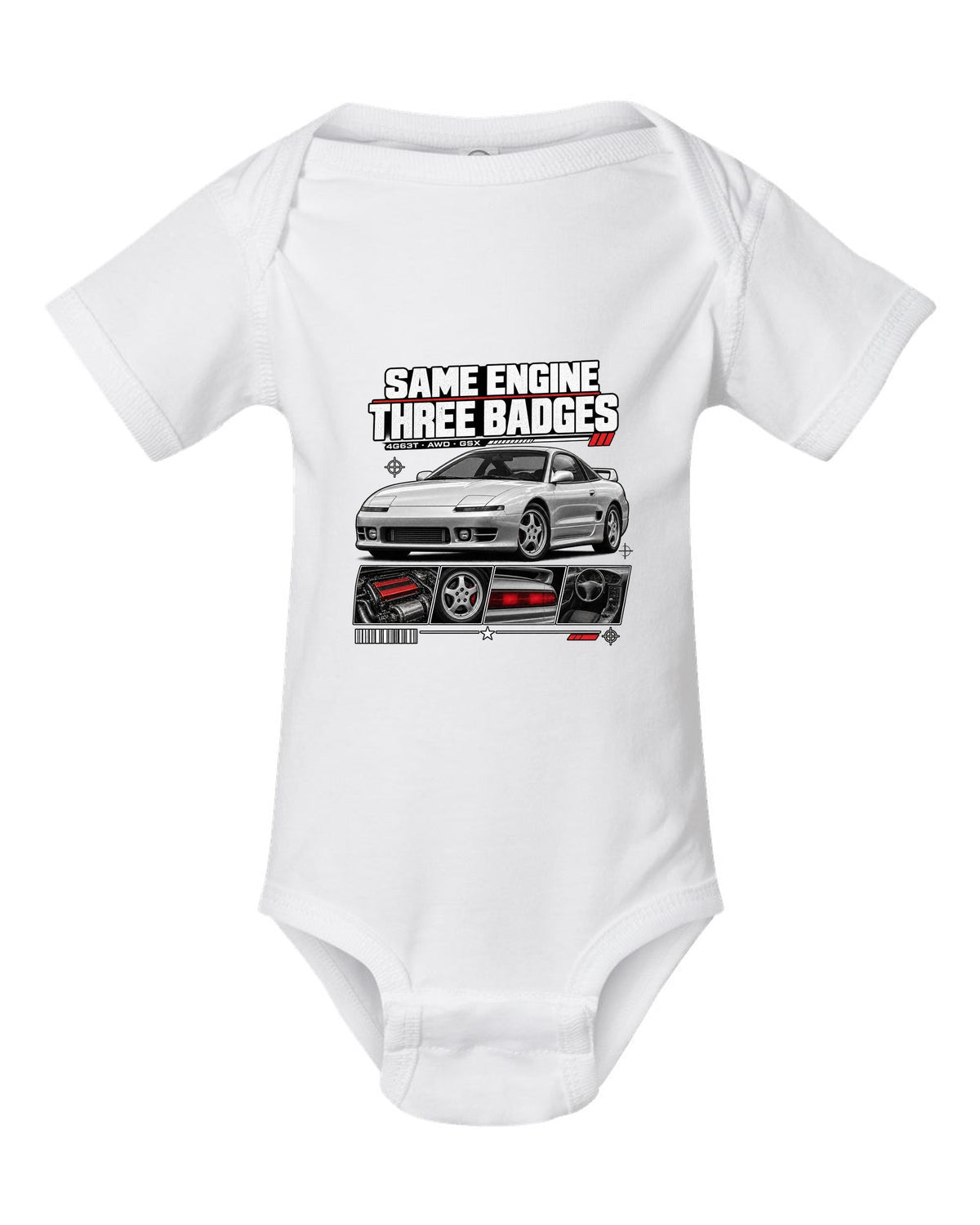 Mitsubishi Eclipse GSX 2G dossier panels with same engine three badges 4G63T text white baby onesie front view with the design