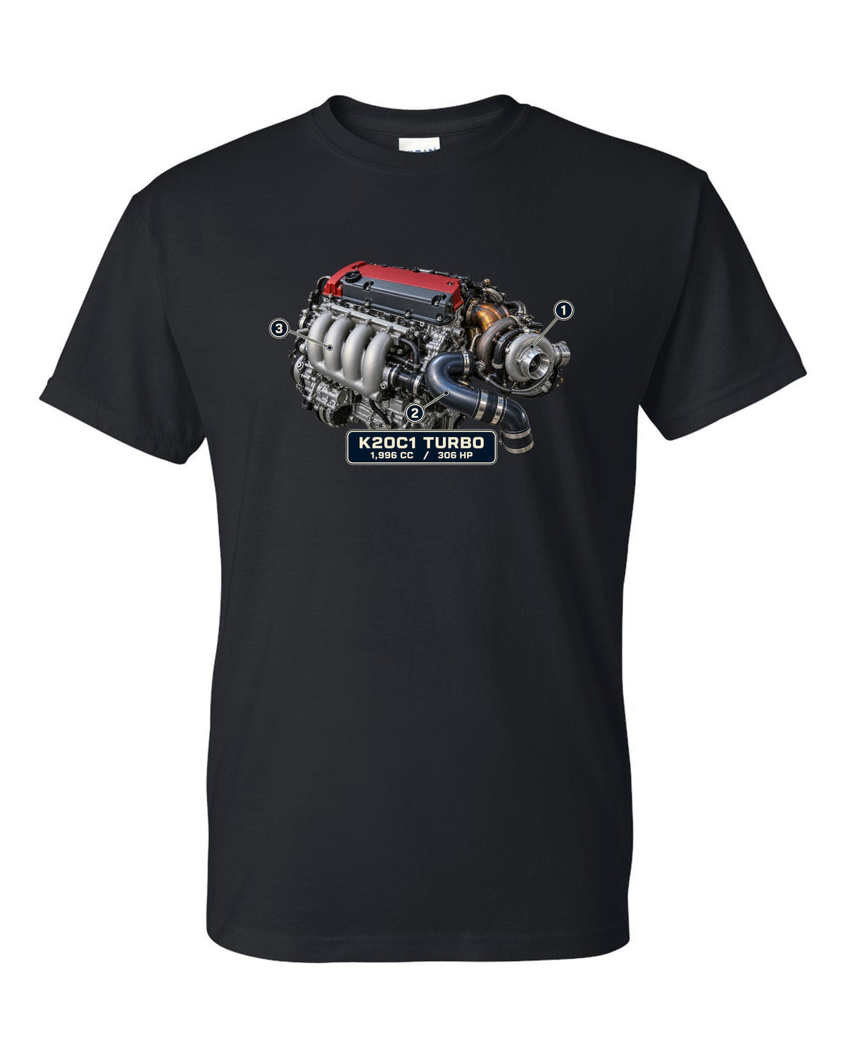 print engine illustration of the Honda Civic Type R FK8 K20C1 turbo engine black t-shirt front view with the design