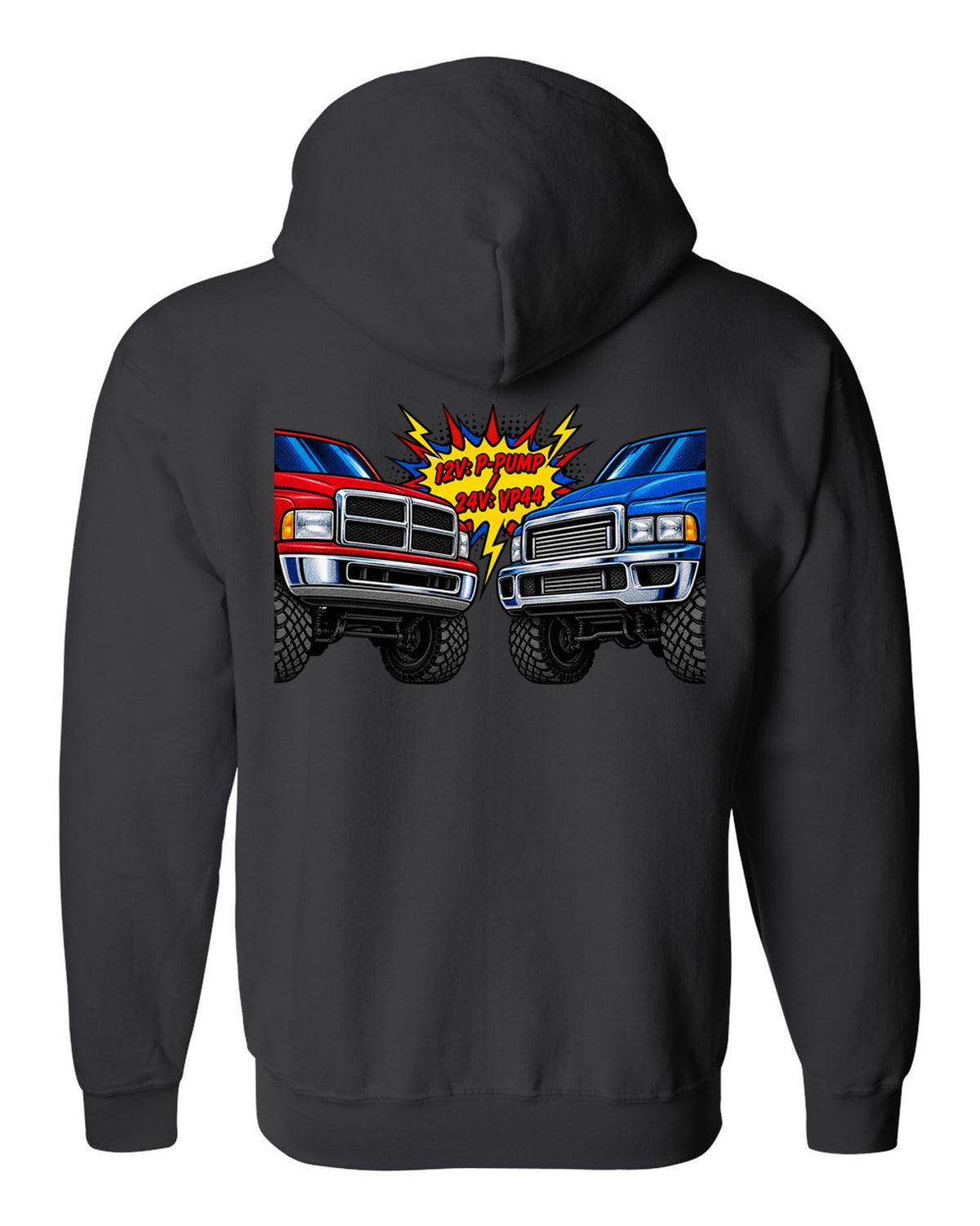Comic halftone print comparing the 12V P-pump and 24V VP44 Cummins in a Ram 2500 black zip hoodie back view with the design
