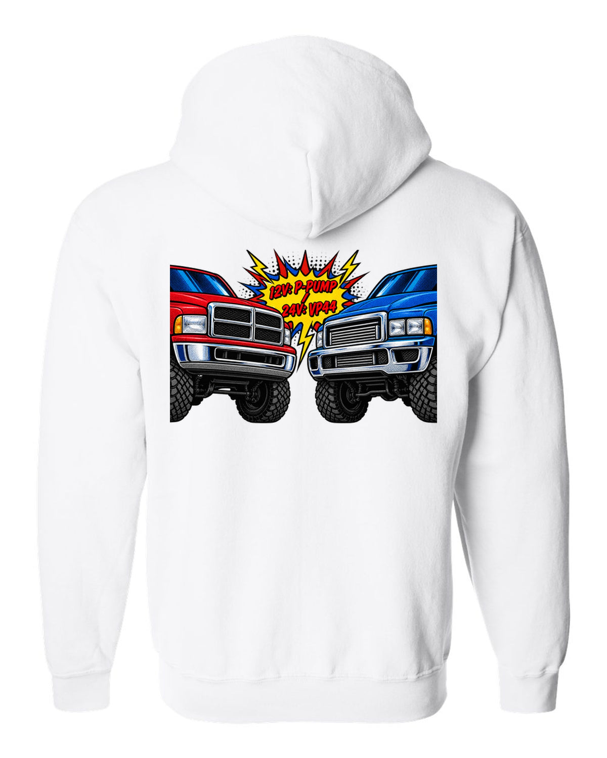 Comic halftone print comparing the 12V P-pump and 24V VP44 Cummins in a Ram 2500 white zip hoodie back view with the design