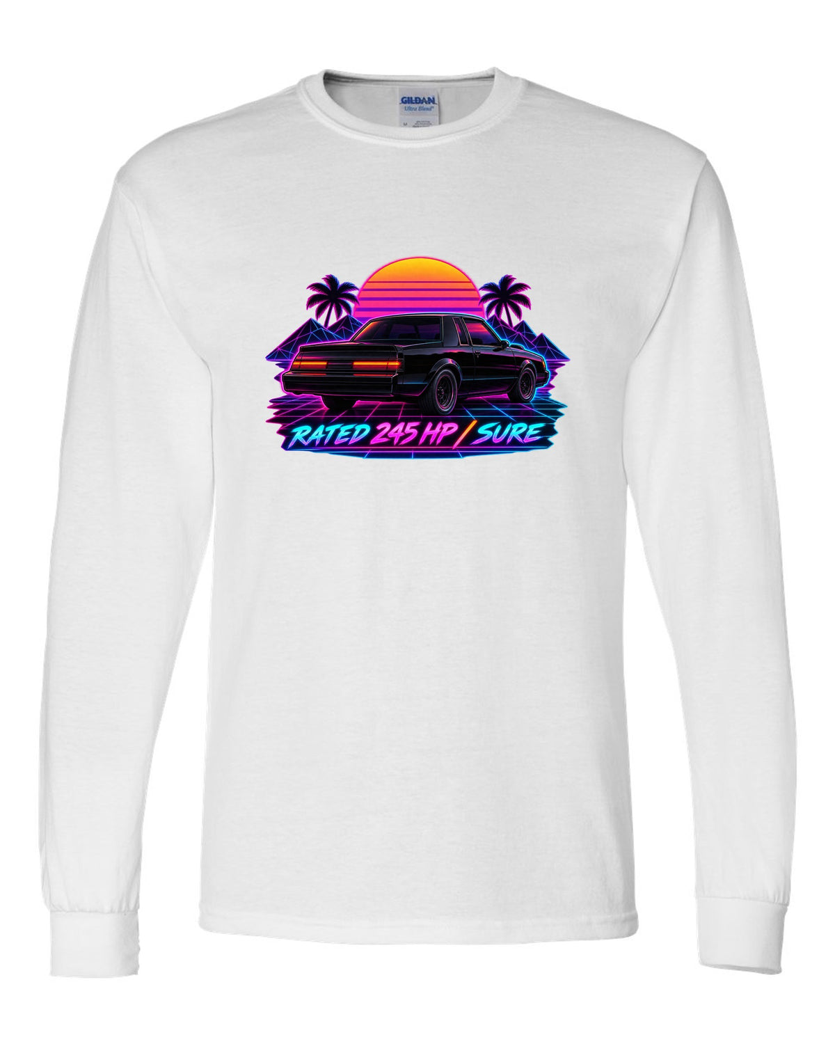 Synthwave print of 1987 Buick Grand National taillights with the text Rated 245 HP, Sure white long sleeve front view with the design