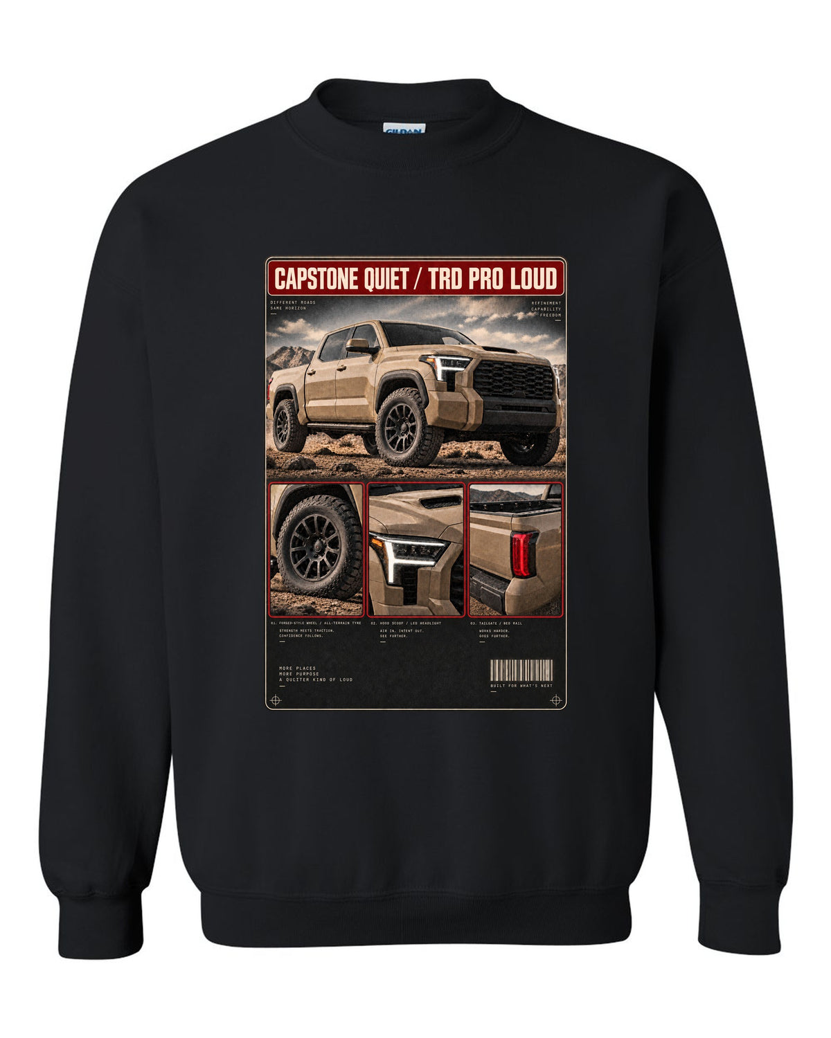 Toyota Tundra TRD Pro CrewMax dossier panel design black crewneck front view with the design
