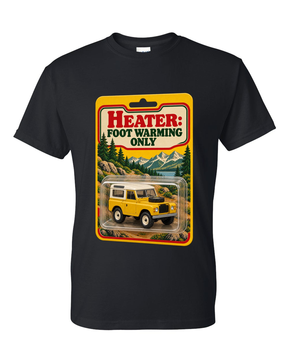 Toy blister card print with a Land Rover Defender 90 and the text Heater Foot Warming Only black t-shirt front view with the design