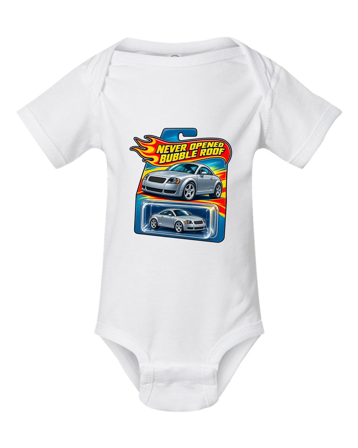 Toy blister card style print of an Audi TT 8N with Never Opened text white baby onesie front view with the design