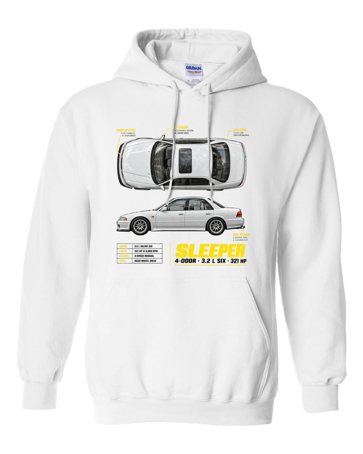 BMW E36 M3 sedan spec poster print with sleeper 4-door 3.2 L six and 321 HP text white pull over hoodie front view with the design