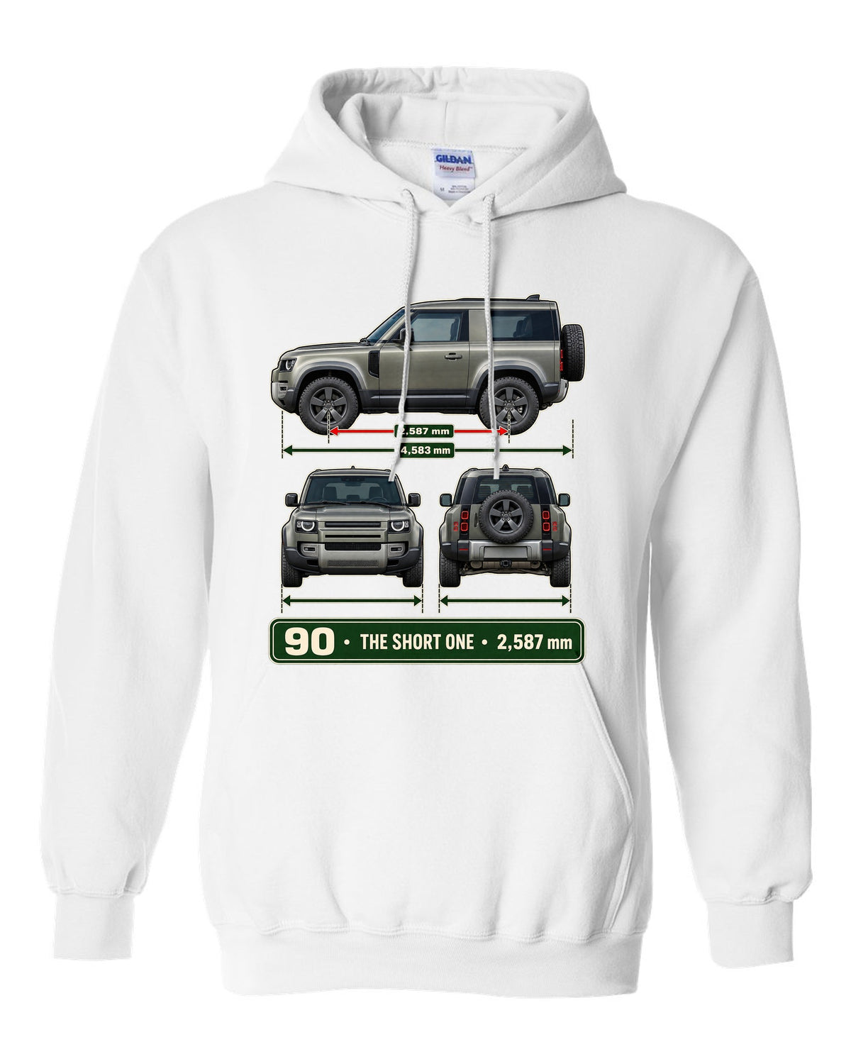 Three-view drawing with spec table print of the Land Rover Defender 90 L663 white pull over hoodie front view with the design