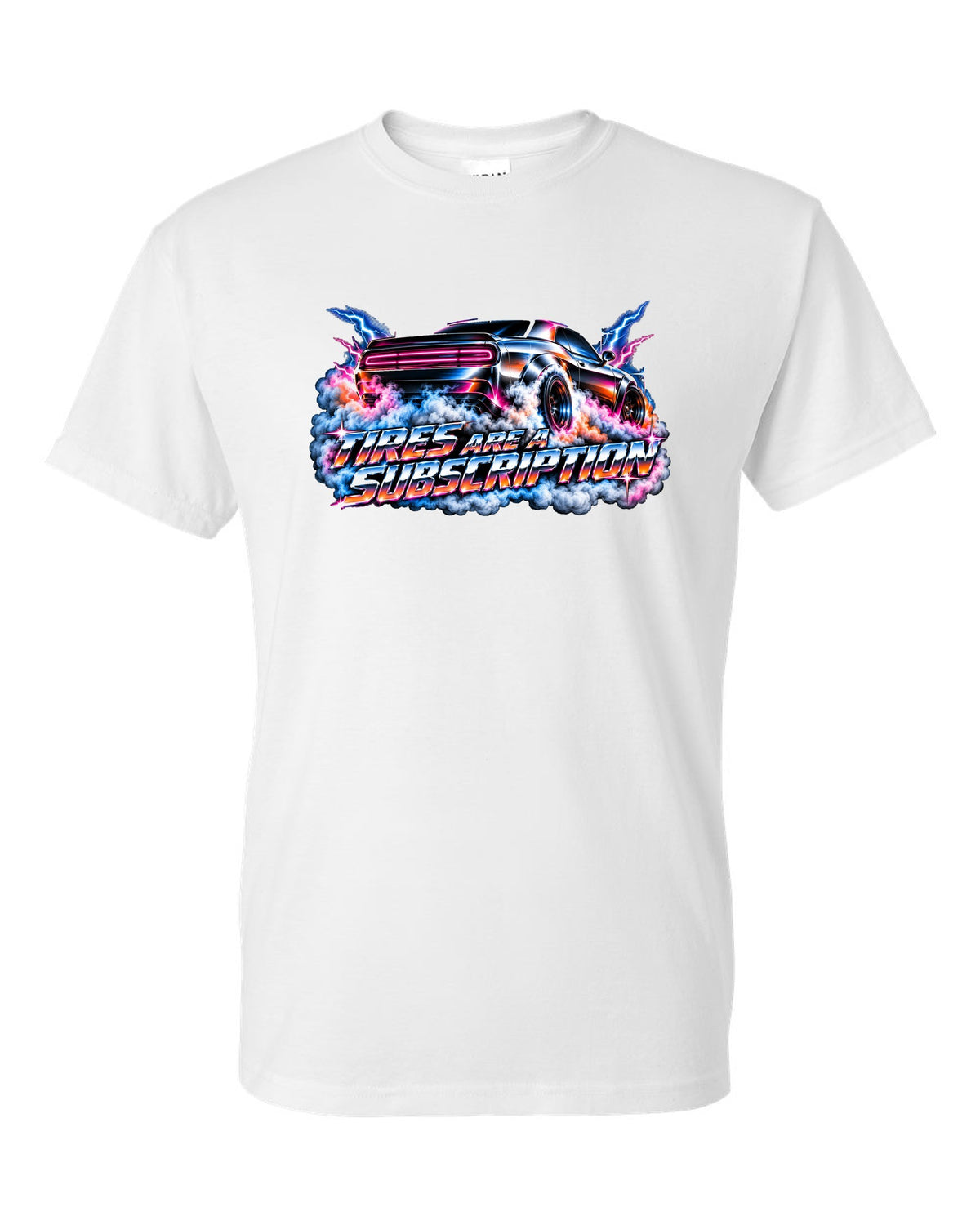 80s airbrush chrome illustration of a 2020 Dodge Challenger Scat Pack 392 Widebody doing a burnout white t-shirt front view with the design