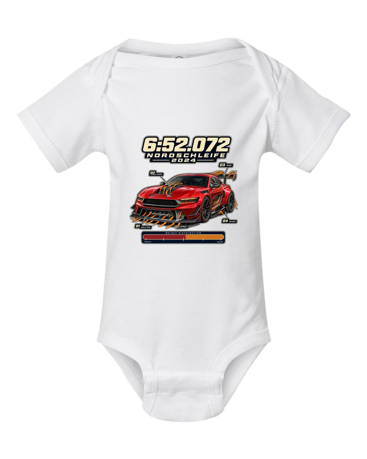 print of a Mustang GTD with aero callouts and 6:52.072 Nordschleife 2024 text white baby onesie front view with the design