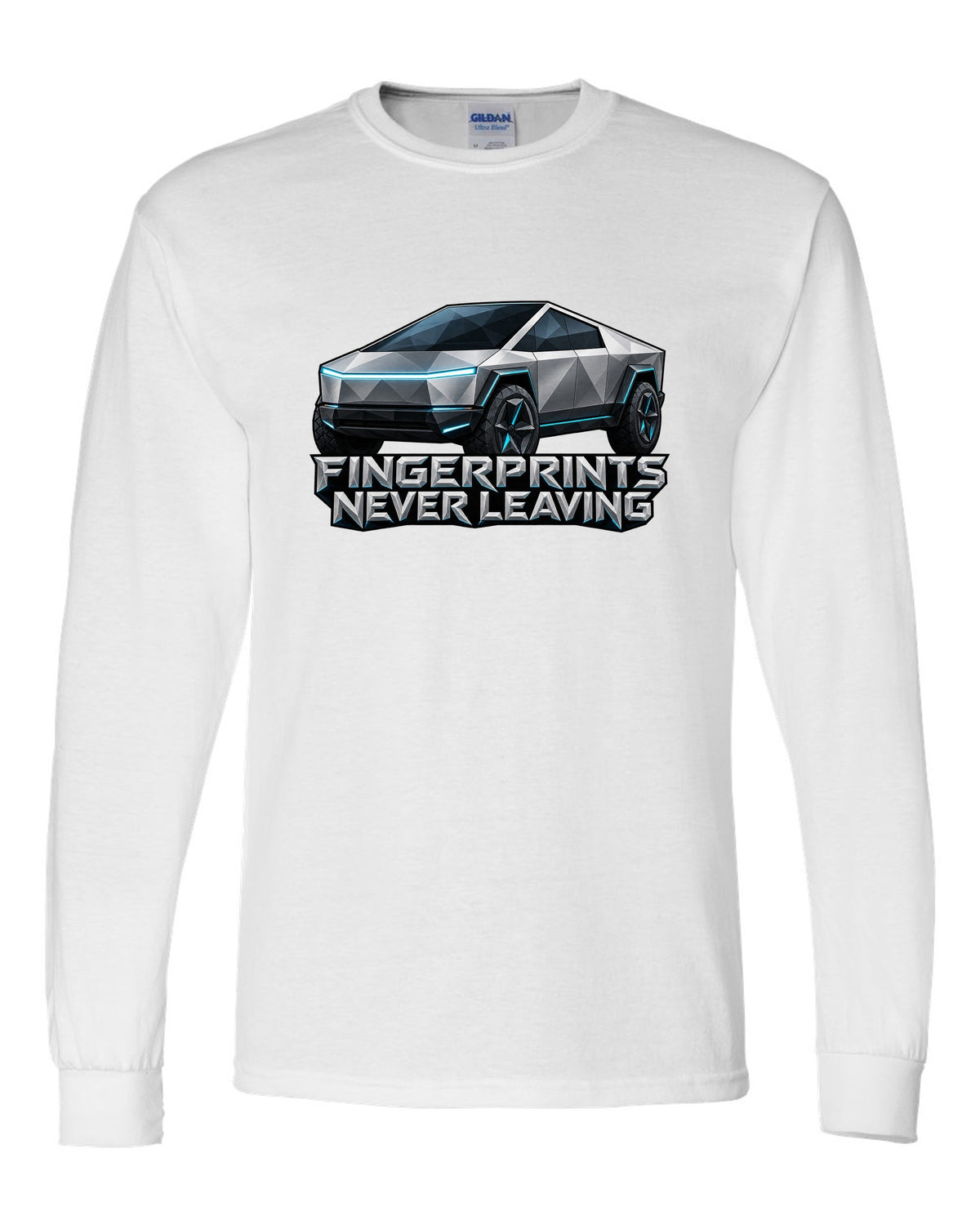 Low-poly wireframe facets of a 2023 Tesla Cybertruck with the words Fingerprints Never Leaving white long sleeve front view with the design