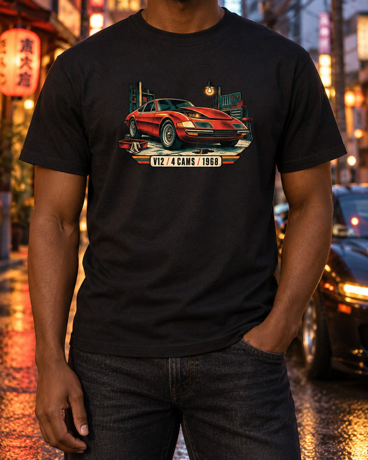 Ferrari 365 GTB/4 Daytona Risograph Garage Night Tee T-Shirt Black worn hero