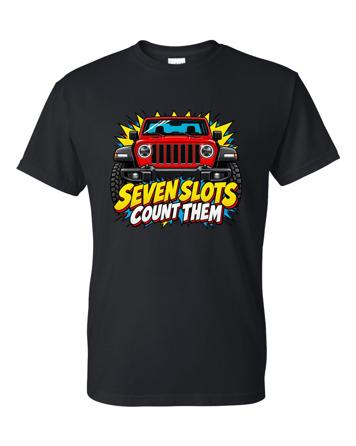 Comic halftone pop-art print of a Jeep Wrangler JL with seven slots text black t-shirt front view with the design