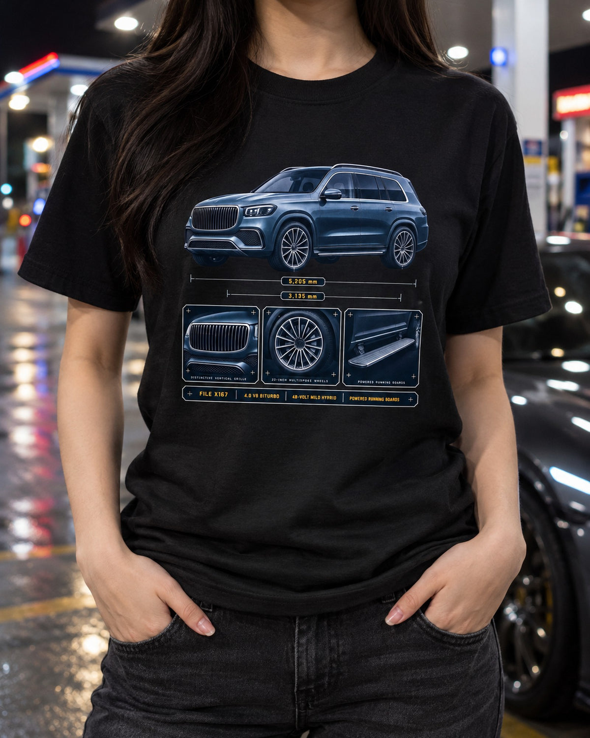 Mercedes-Maybach GLS 600 X167 Dossier print, SUV Car Tee T-Shirt Black worn hero