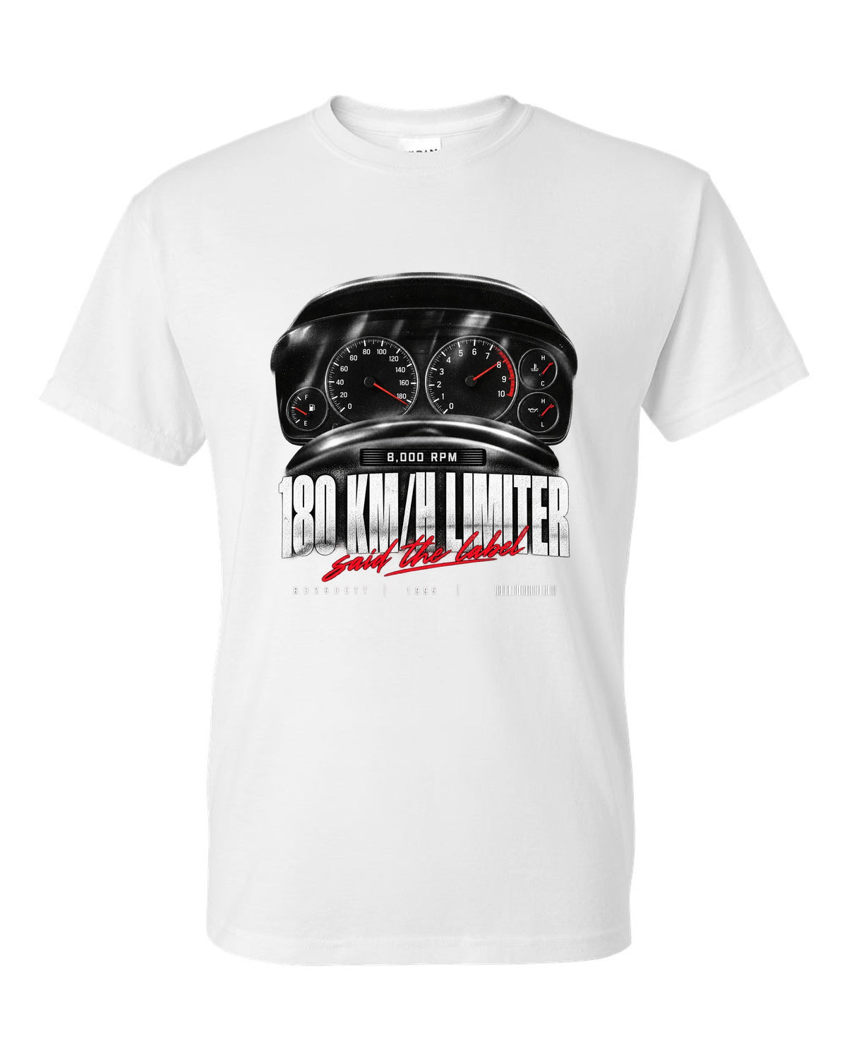 Instrument cluster of a Nissan Skyline GT-R R33 showing 180 km/h and 8,000 rpm with limiter caption white t-shirt front view with the design