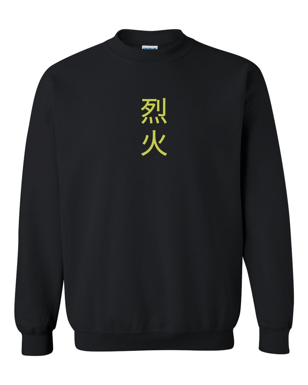 black crewneck front view with small kanji mark