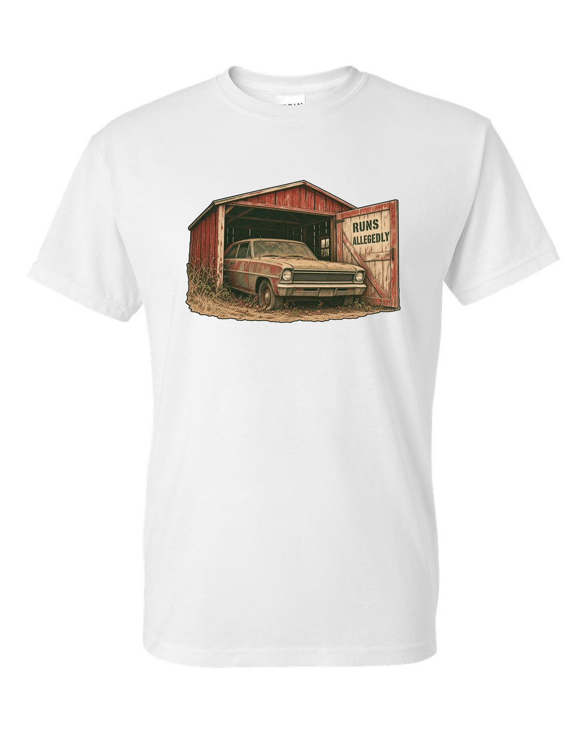 1966 Chevy II Nova in a grainy two-colour risograph barn find design with the text Runs Allegedly white t-shirt front view with the design