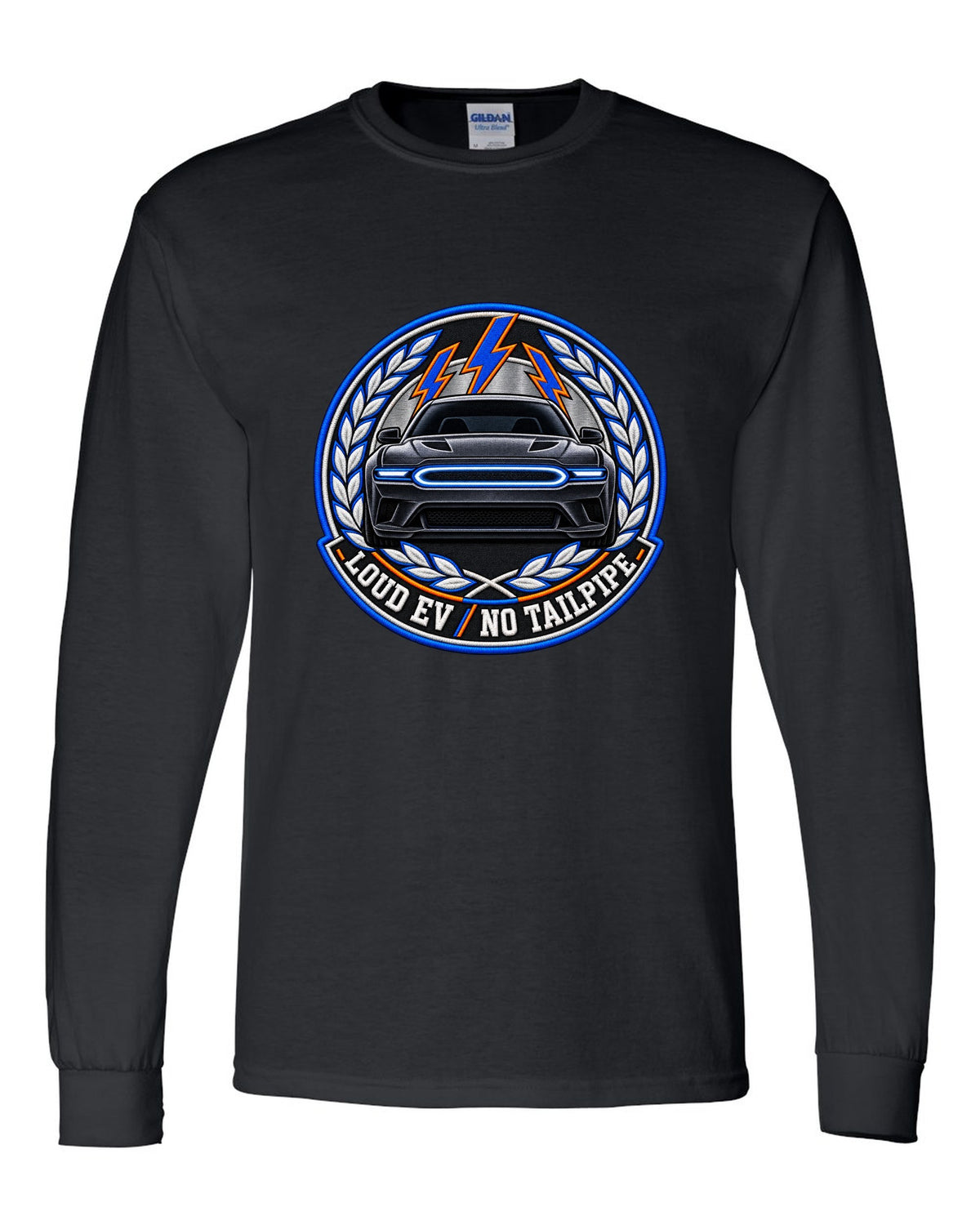 Embroidery-style varsity crest for the 2024 Dodge Charger Daytona EV with loud EV no tailpipe text black long sleeve front view with the design
