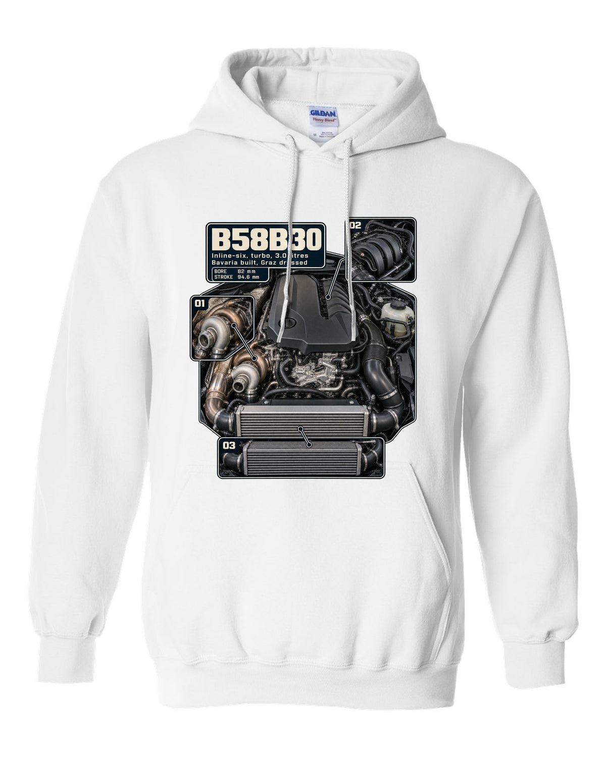 Engine hero print of the BMW B58B30 inline-six from the Z4 M40i white pull over hoodie front view with the design