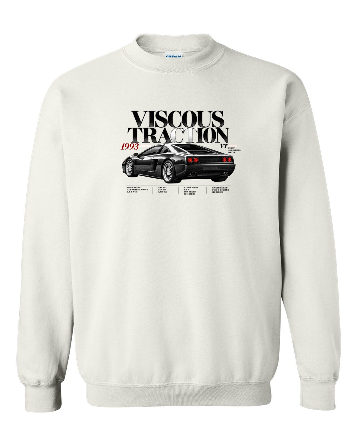 Editorial print of a Lamborghini Diablo VT with viscous traction and first all-wheel drive text white crewneck front view with the design
