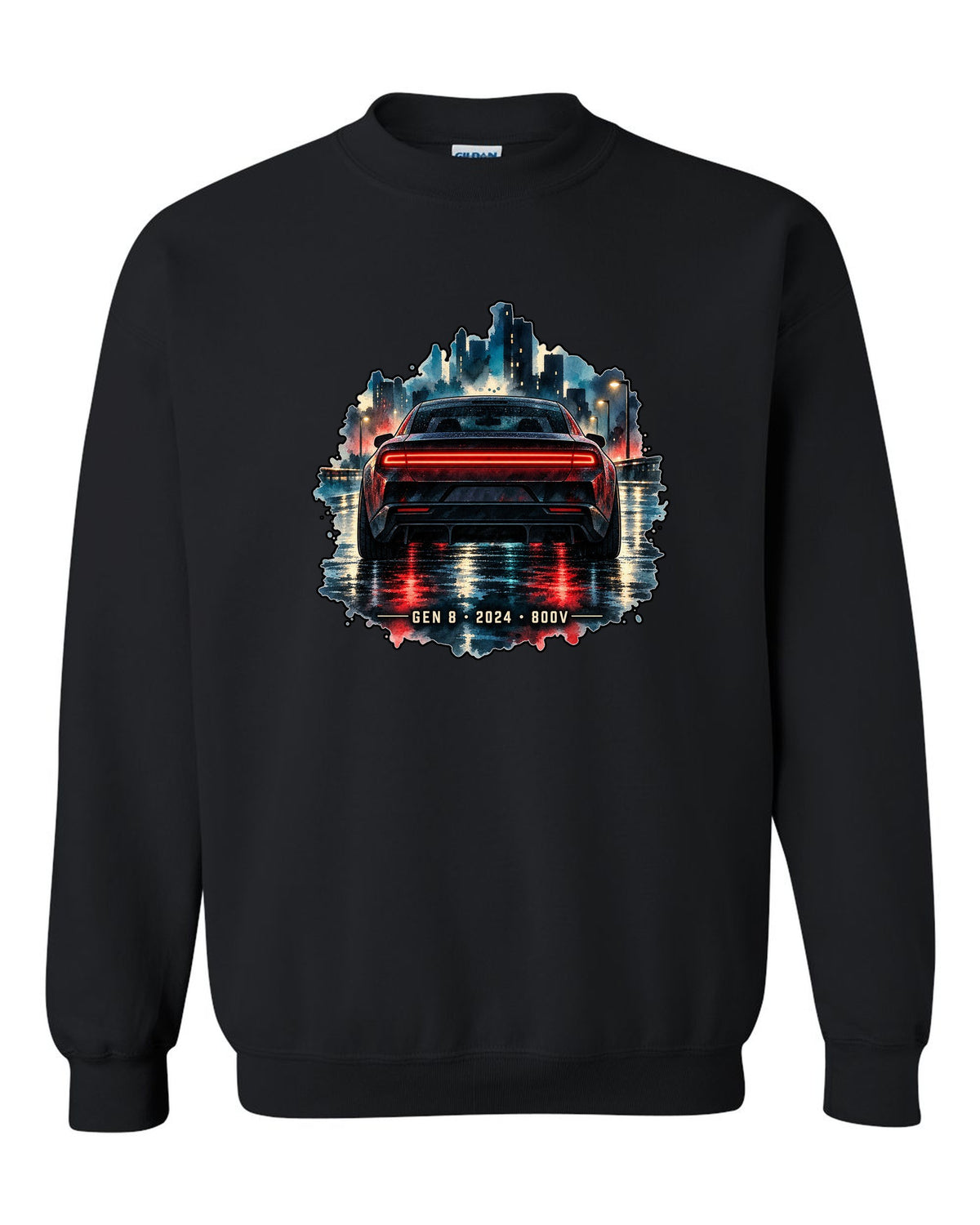 Watercolour night scene of a 2024 Dodge Charger Daytona EV on a wet road with Gen 8 lettering black crewneck front view with the design