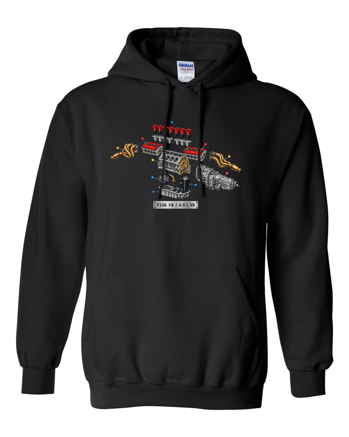 Exploded view of the Ferrari 458 Italia F136 FB V8 with numbered callouts black pull over hoodie front view with the design