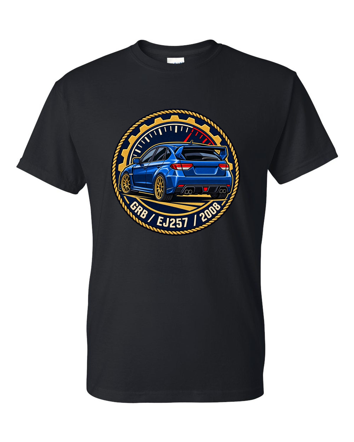Subaru Impreza WRX STI GRB chback varsity crest print, GRB / EJ257 / 2008 black t-shirt front view with the design