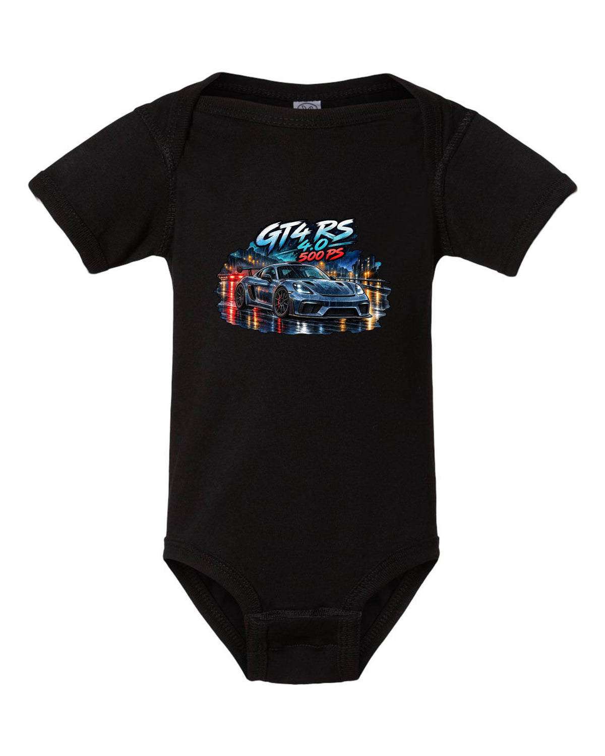 Porsche 982 Cayman GT4 RS wet road night watercolour design with 4.0 500 PS text black baby onesie front view with the design