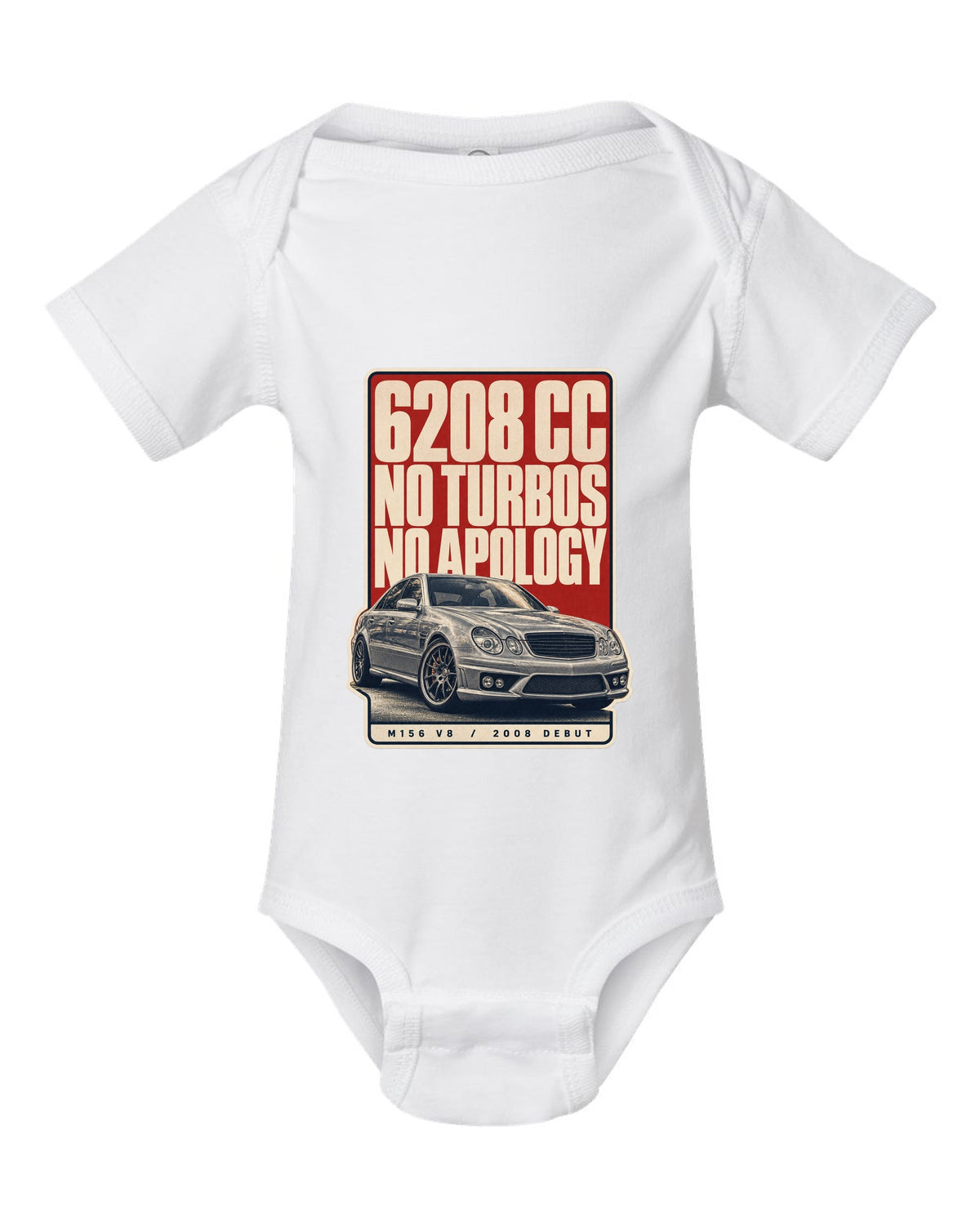 Mercedes-AMG C63 W204 sedan with editorial headline in silver-grey white baby onesie front view with the design