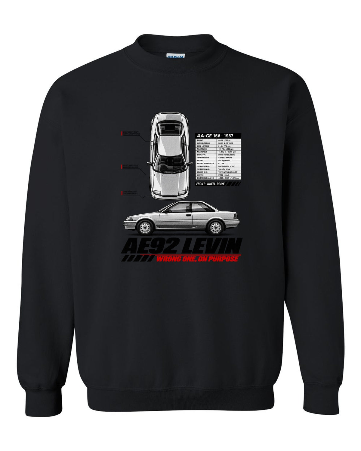 Spec poster print of a Toyota Corolla Levin AE92 with 4A-GE 16V and front-wheel drive text black crewneck front view with the design