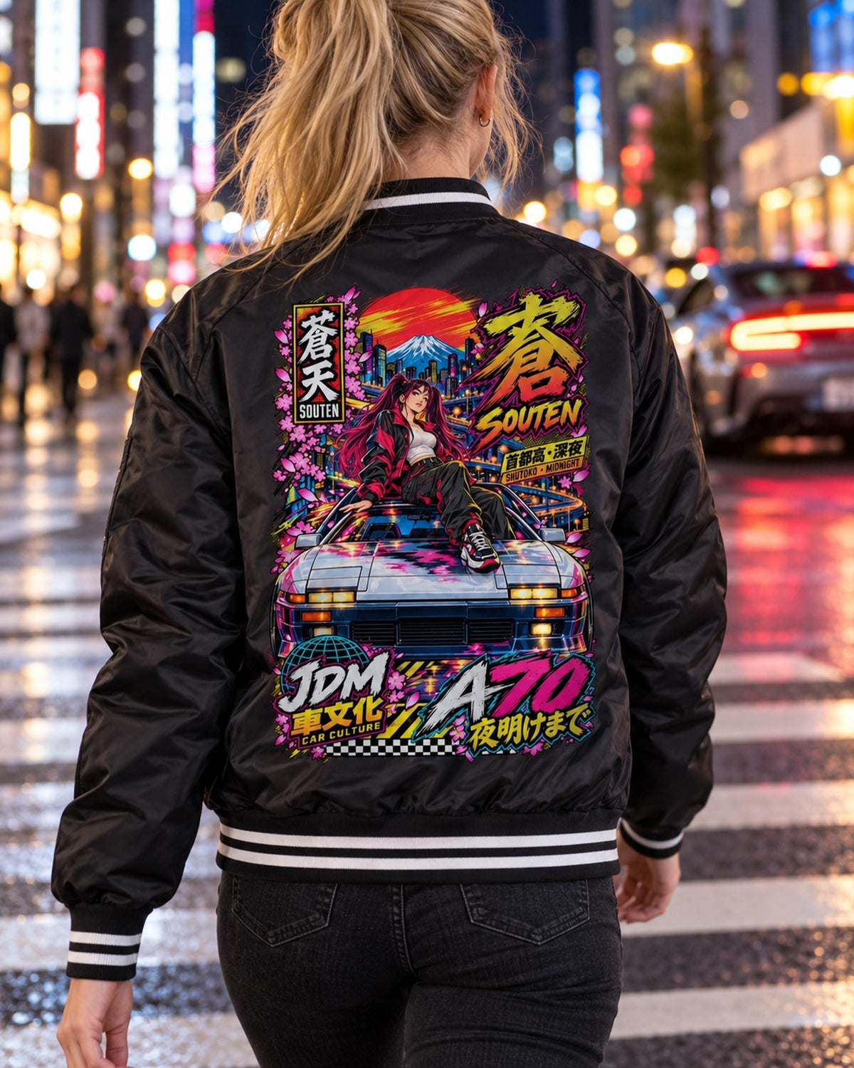 SOUTEN A70 Anime Girl Full-Back Graphic Tee Bomber Jacket Black worn hero