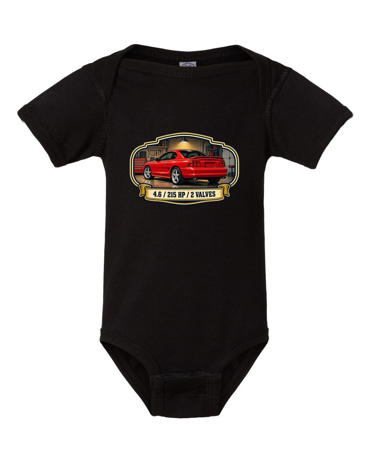 Vintage oil can label design of a 1994-98 SN95 Ford Mustang coupe with 4.6 specs black baby onesie front view with the design